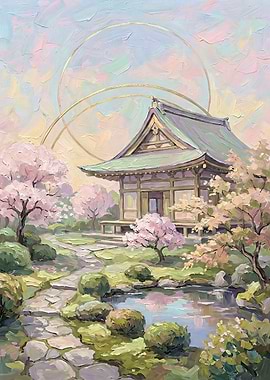 Kyoto Temple Garden – Japanese Landscape Pastel Art