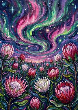 Protea Field Under Aurora Borealis Painting