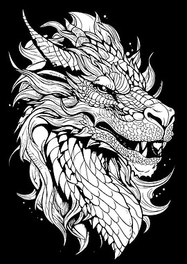 Dragon Head Black and White Illustration