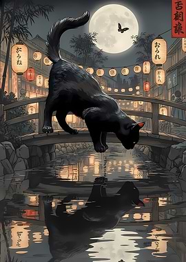 Black Cat on Bridge at Night