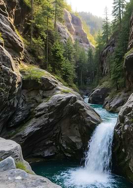 Waterfall in Rocky Mountain Forest