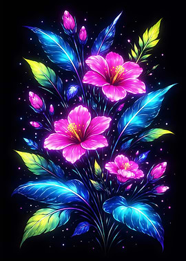 Neon Floral Arrangement on Black Background