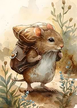 Mouse with Backpack Watercolor Illustration