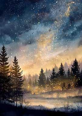 Enchanted Forest Under Starry Night Sky