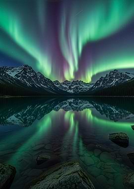 Aurora Borealis over Mountain Lake