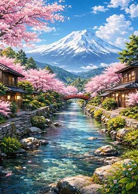 Japanese Village with Cherry Blossoms and River
