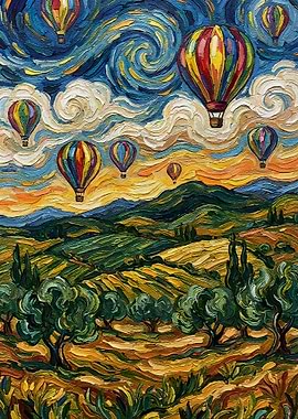 Hot Air Balloons Over Landscape Painting