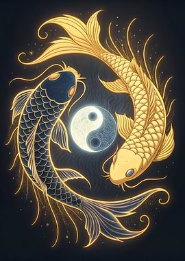 Yin Yang Koi Fish Golden Illustration