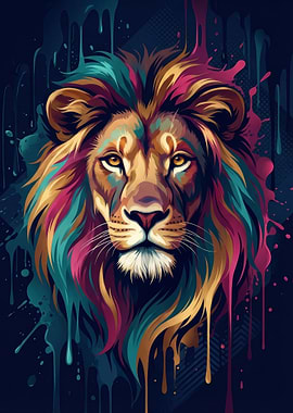 Colorful Lion Portrait with Dripping Paint