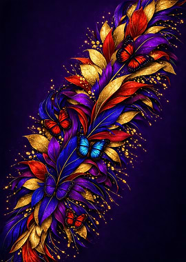 Colorful Leaves and Butterflies on Purple