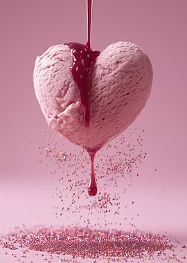 Heart-shaped ice cream with syrup and glitter