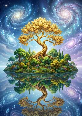 Golden Tree Island Under Cosmic Sky Reflection
