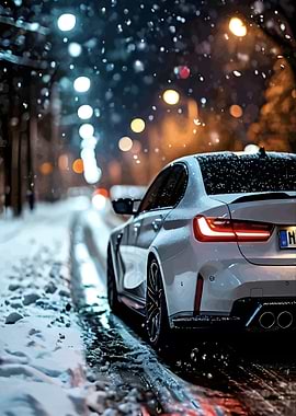 White Car in Snowy Winter Night