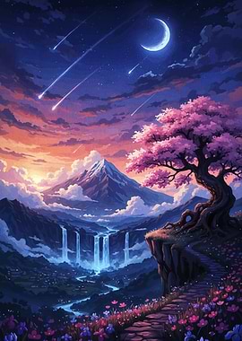 Fantasy Landscape with Cherry Blossom Tree