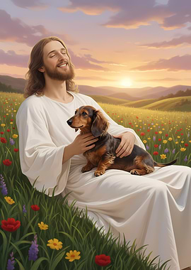Jesus with Dachshund in Flower Field