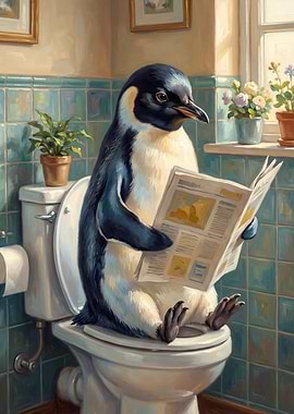 Penguin reading newspaper on toilet