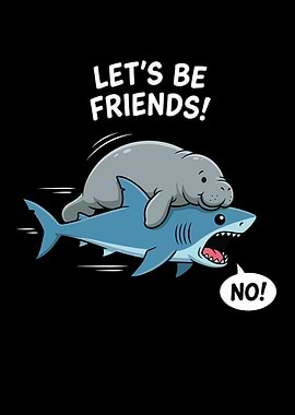 Manatee riding shark cartoon illustration