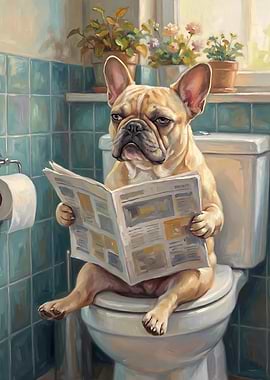 Bulldog Reading Newspaper on Toilet