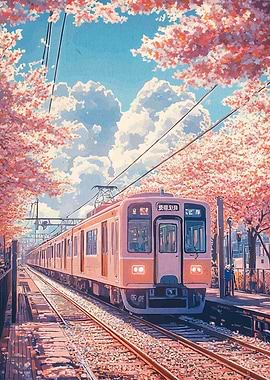 Train in Spring Anime Landscape