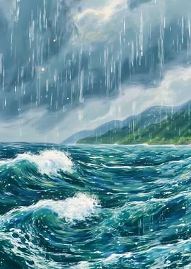 Rainy Seascape with Waves and Mountains