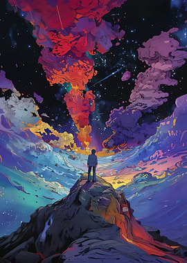 Man on Mountain Gazing at Space