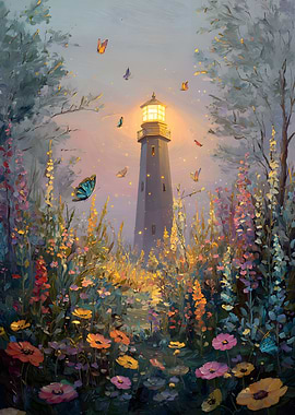 Lighthouse in a Floral Dreamscape