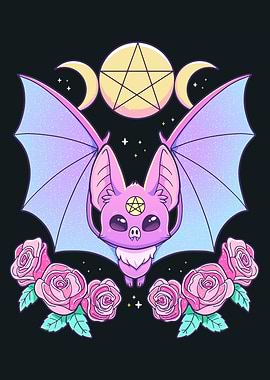 Pastel Goth Bat with Roses and Moon