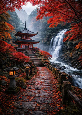Japanese Temple with Waterfall and Autumn Leaves