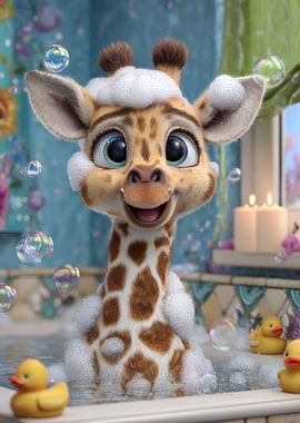 Cartoon Giraffe Taking a Bubble Bath