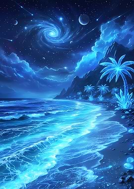 Blue Celestial Beach with Palm Trees