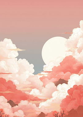 Pink Clouds and Moon Digital Art