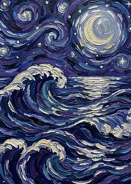Starry Night Ocean Waves Painting