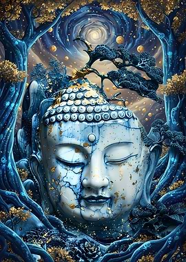 Blue and Gold Buddha Head in Nature