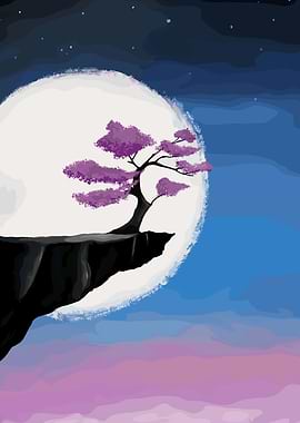 Cherry Blossom Tree Under Full Moon