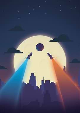 Cityscape with Searchlights and Moon