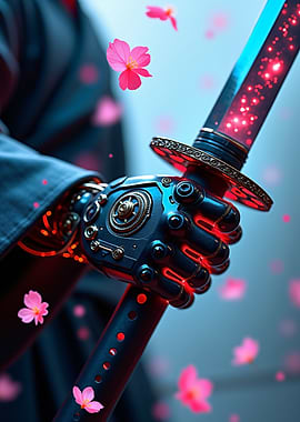 Cyberpunk Samurai Sword with Cherry Blossoms