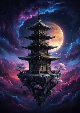 Floating Kintsugi Pagoda with Cherry Blossoms