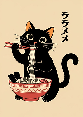 Black Cat Eating Ramen