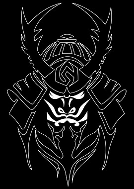 Samurai Helmet Outline on Black Background