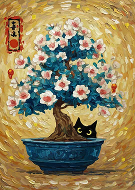 Cat Hidden in Bonsai Tree Painting