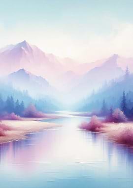 Pastel Mountain River Landscape Painting