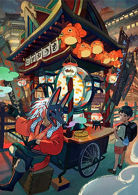 Japanese Street Scene with Goldfish Vendor