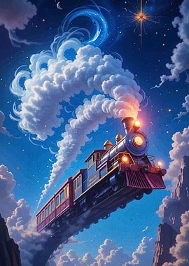 Fantasy Train Journey Under Starry Sky