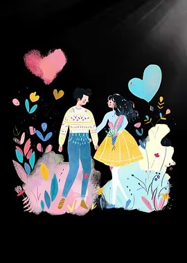 Couple in Love, Floral Illustration