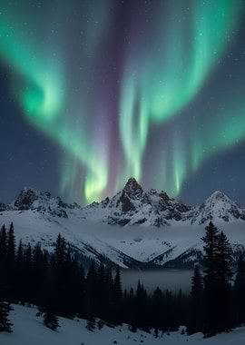 Aurora Borealis over Snowy Mountains