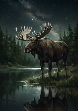 Moose by the Lake at Night