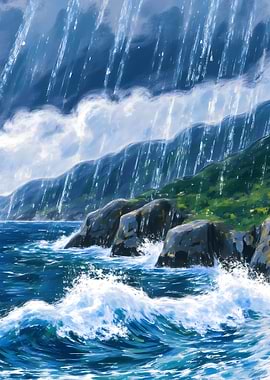 Rainy Coastal Landscape Painting