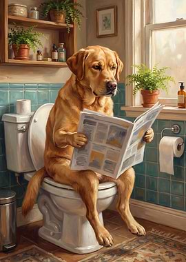 Dog Reading Newspaper on Toilet