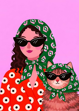 Stylish Woman and Cat with Scarves