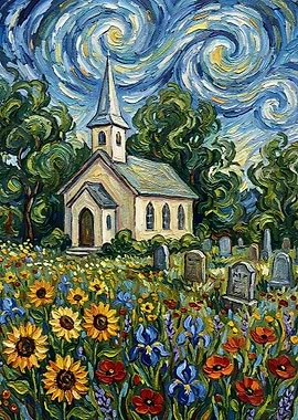 Church and Cemetery in Floral Field